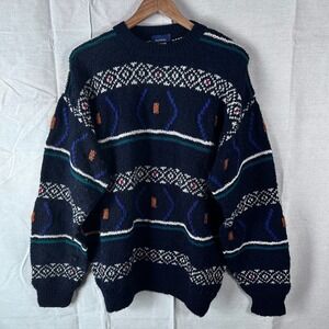 VNT Mark Shale Mens Virgin Wool Fair Isle Crewneck Sweater Navy Blue Geometric L